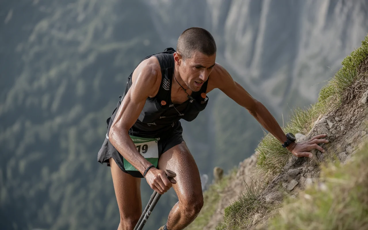 Coureur en montagne, mains agrippées à un terrain escarpé, visage concentré, transpiration, paysage sauvage en arrière-plan.