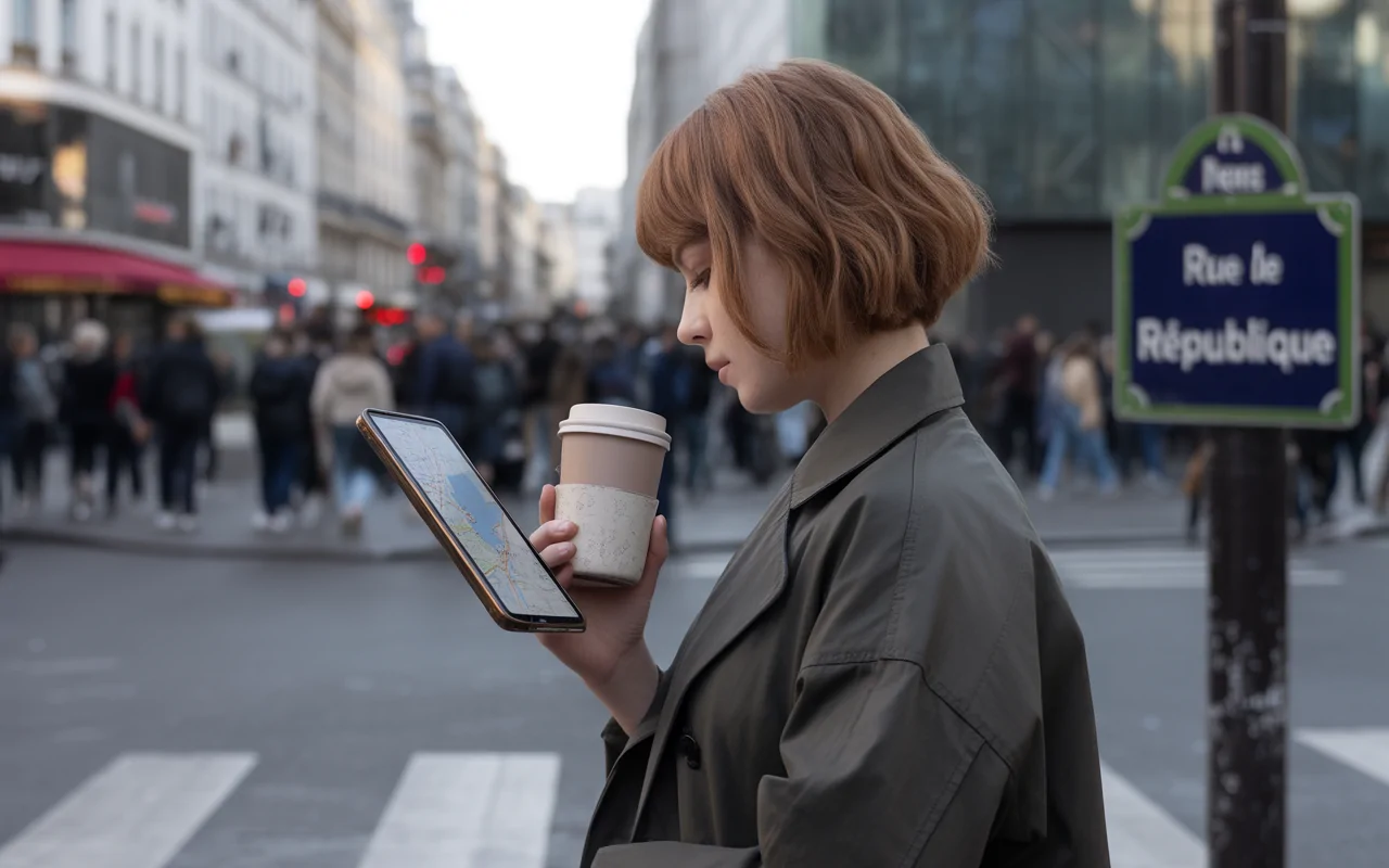 Femme avec un café et une tablette dans une rue animée, regardant une carte près d'un panneau