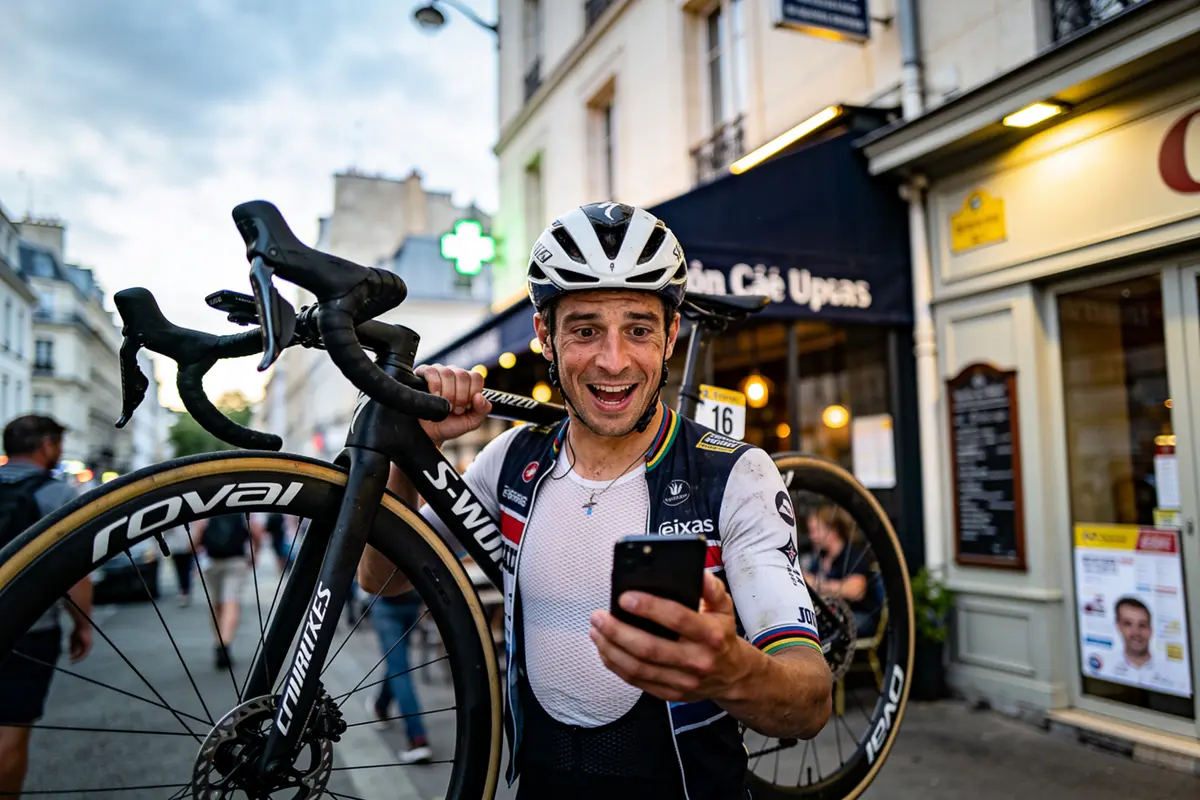 Cycliste souriant tenant vélo et smartphone, rue animée, devant bâtiments et enseignes éclairées.