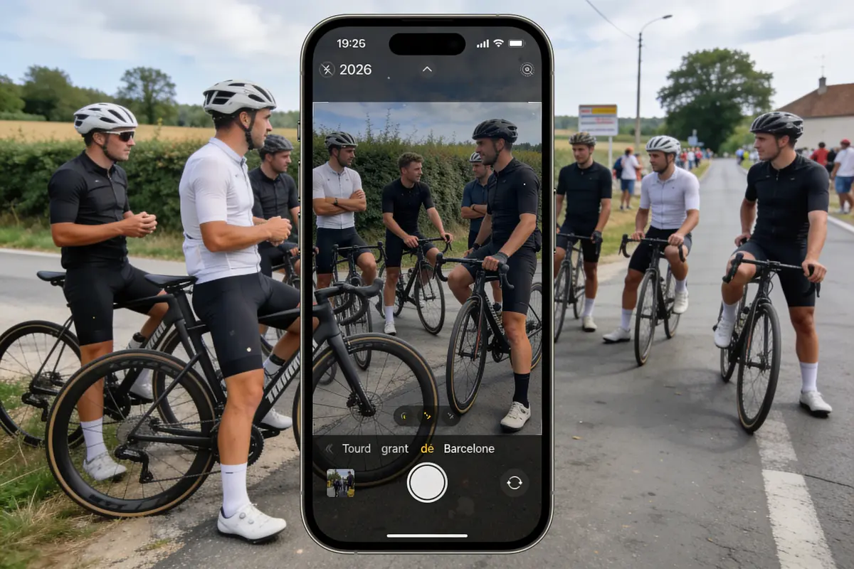Cyclistes en tenue noire et blanche posant ensemble sur la route, téléphone prenant une photo.