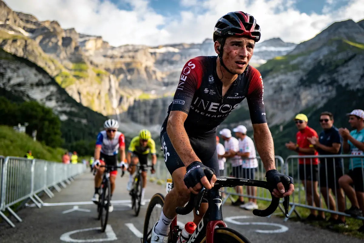 Cycliste en compétition montagnarde, vêtement Ineos, foule applaudissant, montagnes en arrière-plan, ciel partiellement nuageux.