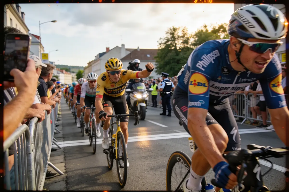 Coureurs cyclistes en compétition, entourés de spectateurs, sur une route urbaine, avec policiers en arrière-plan.