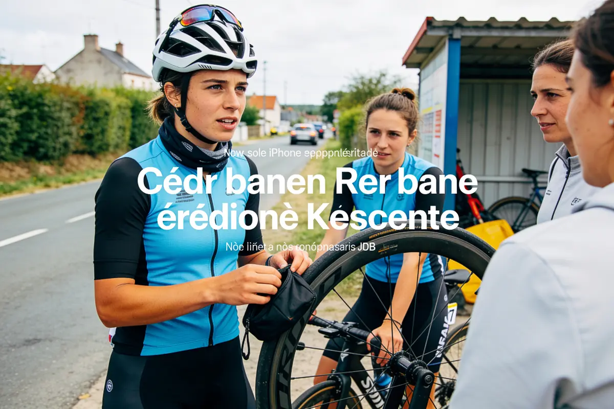 Groupe de cyclistes discutant lors d'une pause, portant des tenues de sport et des casques. Message superposé.