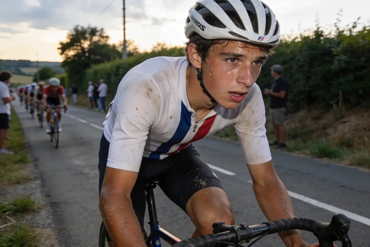 Jeune cycliste concentré lors d'une course sur route, vêtu d'un maillot blanc et casque.