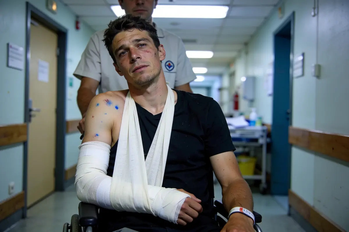 Un homme blessé en fauteuil roulant avec bras bandé dans un couloir d'hôpital.